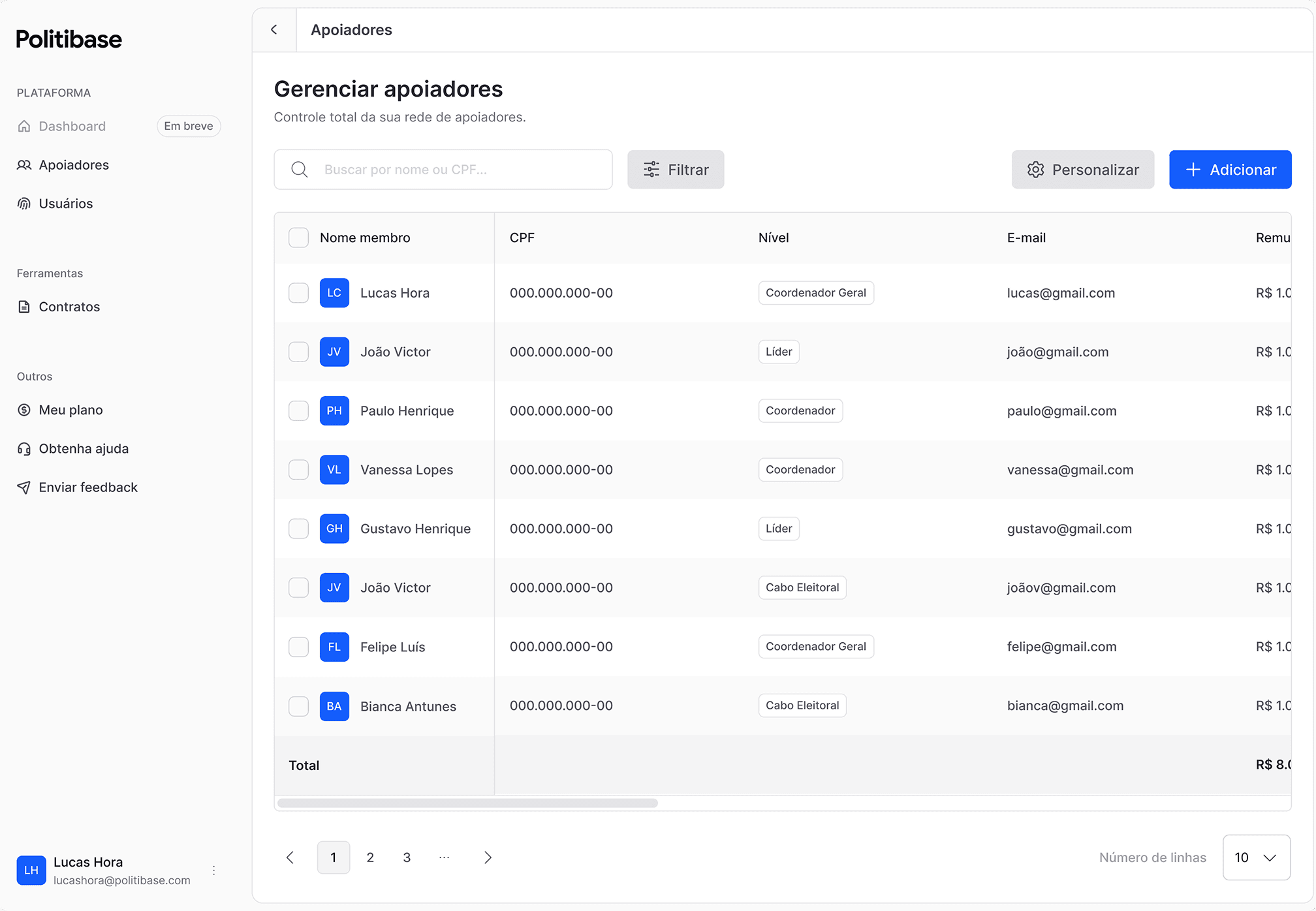 Interface da plataforma Politibase mostrando gestão de apoiadores